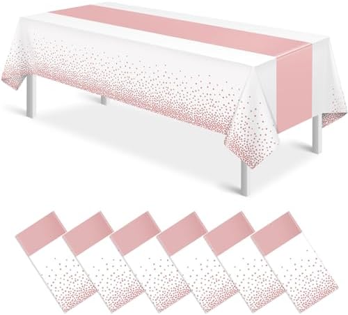6Pcs White and Rose Gold Tablecloth Party Decorations,Plastic White Table Cloth Printed Rose Gold Table Runner Disposable Rectangle Table Cover for Birthday Anniversary Wedding Grad Party,54 x108 Inch by MASHAN