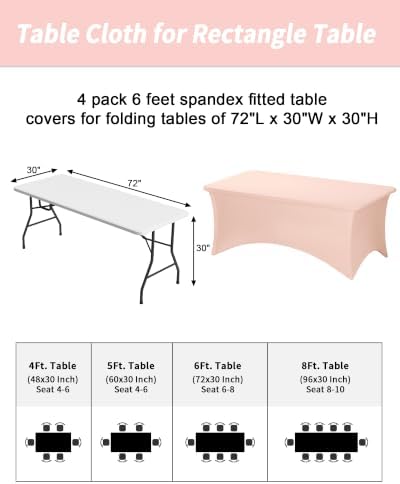 Fixwal 4 Pack 6FT Light Pink Tablecloth Rectangle Spandex Table Cover - Image 3