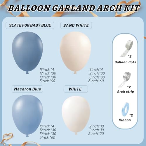 412Pcs Dusty Blue White Sand Balloon Arch Garland Kit,18 12 10 5 Inch Slate Fog Baby Blue Macaron Blue Sand White for Birthday Baby Shower Wedding Bridal Gender Reveal Decorations - Image 2