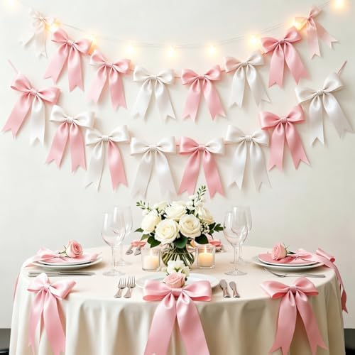 2 Strings Pink White Bow Garland Banner Decorations, Pre-Strung Satin Ribbon Bows for Birthday, Baby Shower, Bridal Shower, Coquette Girls Room, Bow Themed Party, Wedding, Christmas Tree Decorations by AERORIBOWEnjoyEveryDay