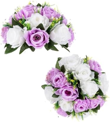 BLOSMON Lilac Purple Flowers Artificial: 2 Pcs Fake Roses Flower Balls Centerpiece for Wedding Table Decoration- Artificial Silk Kissing Bouquet Floral Arrangement for Home Party Event Decor by Blosmon