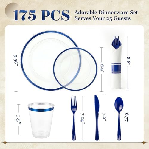 Clear Blue Plastic Plates Dinnerware Set for 175PCS 25 Guests - Image 5