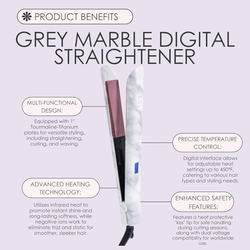 Aria Beauty 1" Infrared Marble Digital Straightener, Aria Beauty Flat Iron with Ionic Technology, Negative Ions Reduce Frizz, 3 Year Warranty - Image 2
