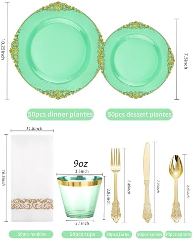 Hioasis 350 Pcs Green Gold Plates for Party - Image 2