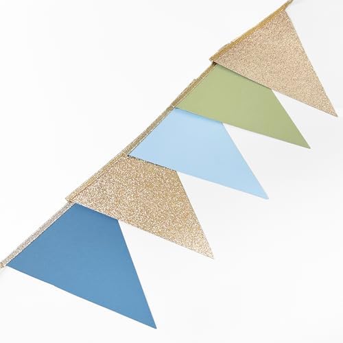 Champagne Gold Dusty Blue Sage Green Pennant Banner Flag Olive Green Blue Hanging Glitter Paper Triangle Bunting for Birthday Wedding Shower Silly Goose Themed Party Decorations Supplies - Image 5