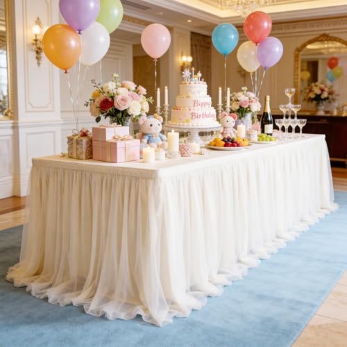 THARAHT Tulle Table Skirt 14FT 420CM Long for Rectangle Tables Round Tables Ruffle Desk Skirt for Princess Girls Birthday Party Cake Dessert Decorations Table Skirt - Image 4