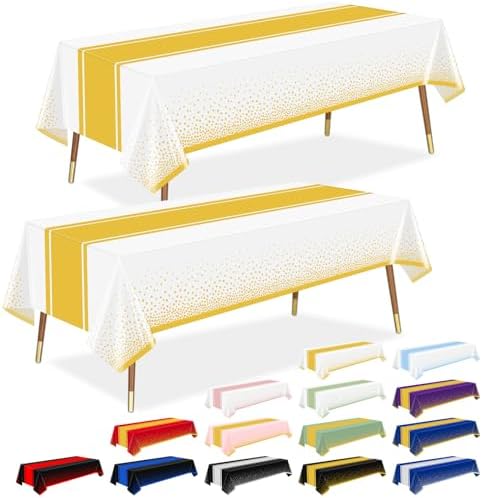 LANLISA White and Gold Tablecloth Party Decorations 6 Pack, Disposable Plastic Table Cloths for Baptism First Communion Birthday Wedding Baby Bridal Shower Party Decor by LANLISA