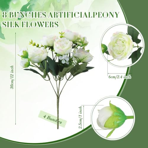 Geosar 8 Bundles Artificial Peonies Flowers,White, Green - Image 2