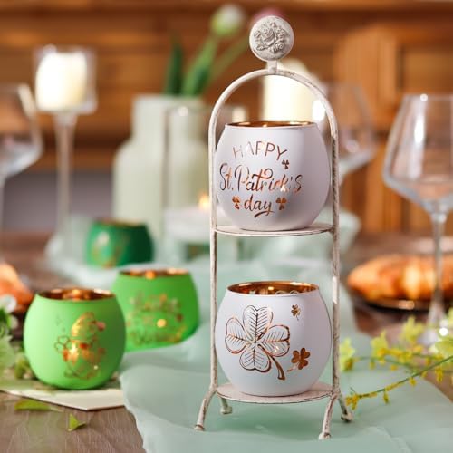 SHMILMH St. Patrick's Day Candle Holders 6PCS St Patricks Day Shamrocks Decorations for Table Centerpiece, Glass Votive Tealight Holders for Home Decor Party Decorations - Image 6