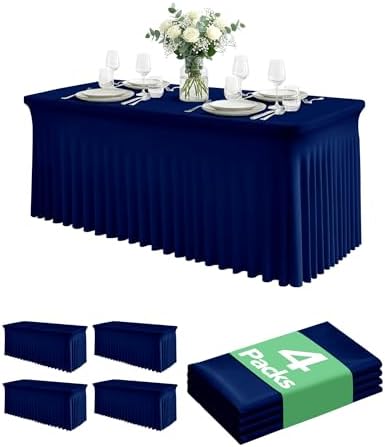 Spandex Table Cover Skirts with Floor-Length Ruffle, 8 ft, Navy, 4 Pack by Keywave