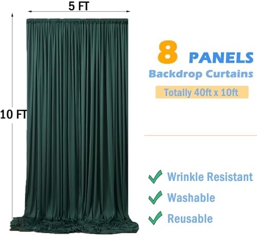 40ftx10ft Hunter Green Backdrop Curtains for Party Background, Wrinkle Free 8 Panels Silky Fabric Green Photo Backdrop Drapes Back Drop Cloth Drapery for Wedding Birthday Photography Decor - Image 6