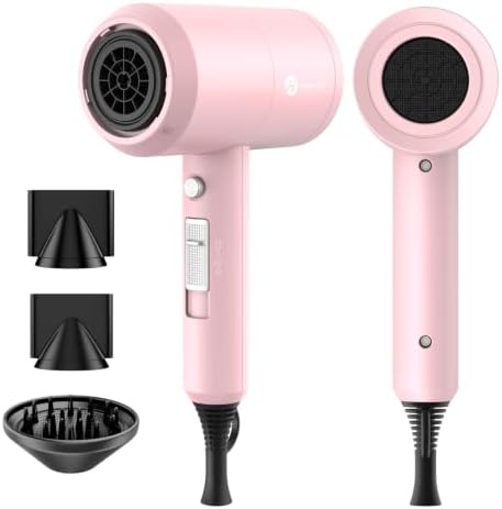 slopehill Professional Ionic Hair Dryer, Powerful 1800W Fast Drying Low Noise Blow Dryer with 2 Concentrator Nozzle 1 Diffuser Attachments for Home Salon Travel (Pink) by slopehill