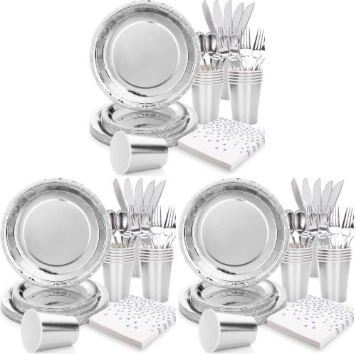 Silver Plates Party Supplies Disposable Dinnerware Set,168pcs Silver Paper Plates and Napkins for Graduation Holiday Disco Birthday Party Decorations Serves 24 (Pack of 3) by Gudvilla