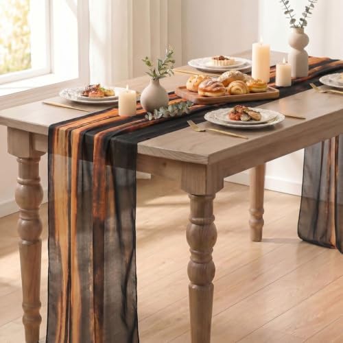 Artoid Mode Boho Caramel Stripes Fall Chiffon Table Runner 120 Inches 10FT,Seasonal Fabric Kitchen Dining Holiday Table Decor for Home Party - Image 4