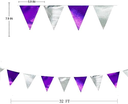 Purple and Silver Party Decorations Triangle Pennant Banner Flag Metallic Fabric Bunting Garland for Birthday Graduation Retirement Bachelorette Wedding Bridal Shower Engagement Disco Party Supplies - Image 2
