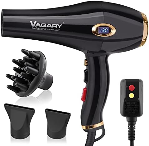 VAGARY Hair Dryer with Diffuser Concentrator, 2200W Professional Salon Ionic Blow Dryer for Frizz Free Smooth Hair, Featuring 2 Speeds and 2 Heat Settings, Cool Shot Button（Gold） by VAGARY