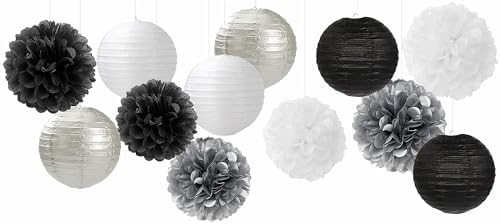 Black White Silver Party-Decorations Paper Flowers Lanterns - 15PCS Birthday Halloween Wedding Tissue Pom Poms Streamers, Halloween Prom Baby Shower Bachelorette Hanging Supplies Decor Hugfond - Image 7