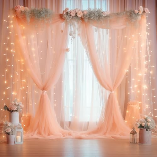 30ft x 10ft Peach Backdrop Curtain with Lights String for Parties, Sheer Tulle Wedding Photo Backdrops Drapes for Baby Shower Birthday Party Decorations Background for Photography by Shillance