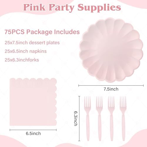 75 Pcs Pink Paper Plates and Napkins, Tableware Set Serve for 25 Guests - Image 2
