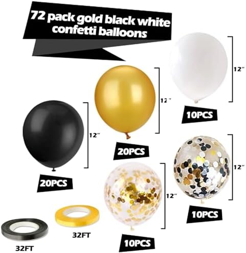 72 Pack Black Gold Confetti Balloons Kit, 12 Inch Black Gold White Balloons and Gold Confetti Balloons with Balloon Ribbons for Graduation Birthday Wedding Baby Shower Party Decorations - Image 5