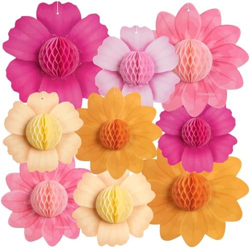 SUNBEAUTY Pink Orange Party Decorations, 9Pcs Paper Flowers Honeycomb Hanging Decor Tissue Flower Pom Poms for Girl Women Birthday Groovy Sunset Party Fall Bridal Shower Wedding Classroom by SUNBEAUTY