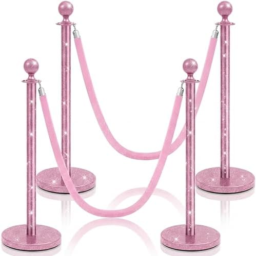 Ferraycle 4 Pcs Stainless Steel Stanchion 38 Inch,Velvet Rope, Glitter Pink by Ferraycle