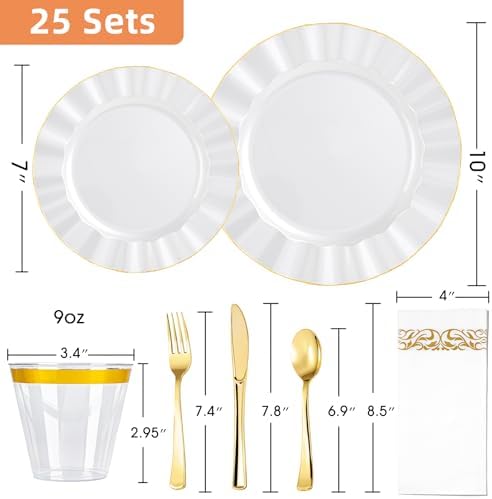 175PCS White Plastic Dinnerware Set, Wavy Plates for 25 Guests - Image 3