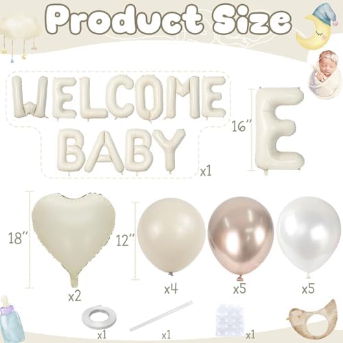 White and Gold Baby Shower Decorations, WELCOME BABY Letter Foil Balloons Banner Backdrop Set with Cream Beige Champagne Gold Latex & Heart Balloon for Newborn Babyboy Babygirl Infant Party Decoration - Image 2