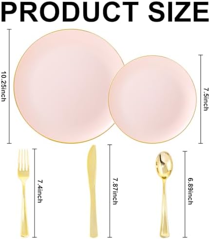 YOUBET 125PCS Pink Plastic Plates with Gold Rim for Party Wedding Birthday - Image 6