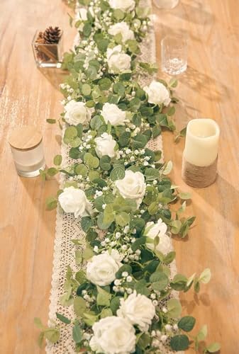 Anna's Whimsy 5.91FT Artificial Eucalyptus Garland with Flowers, Fake Flower Rose Gypsophila, Faux Floral Greenery Garland for Wedding Spring Home Party Craft Art Table Runner Decor by AnnasWhimsy