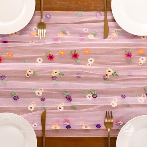 Flower Table Runner Fall Daisy Floral Tulle Cheesecloth Wedding Decor - Image 5
