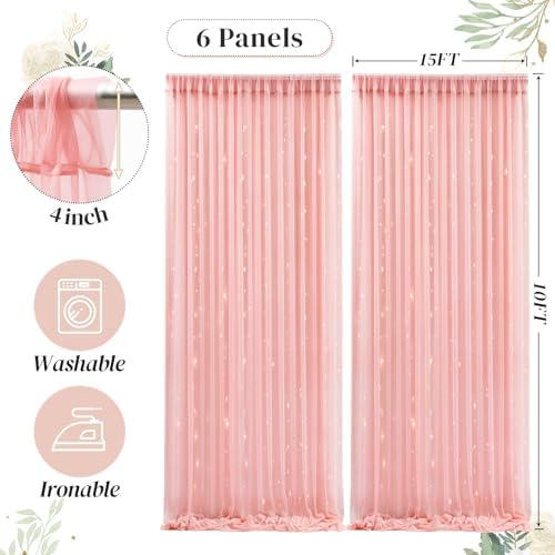 30ft x 10ft Dusty Rose Backdrop Curtain with Lights String for Parties, Sheer Tulle Wedding Photo Backdrops Drapes for Baby Shower Birthday Party Decorations Background for Photography - Image 6