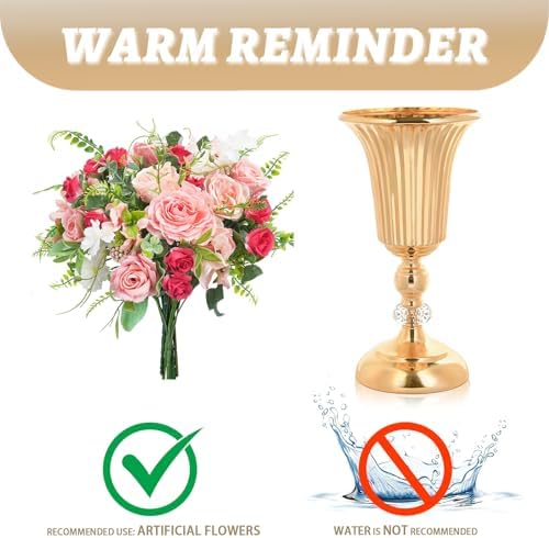 2PCS Gold Metal Wedding Flower Trumpet Stripe Vases Crystal Table Centerpieces for Artificial Flower Arrangements for Anniversary Celebration/Wedding/Party/Birthday Event Aisle Home Decor - Image 6