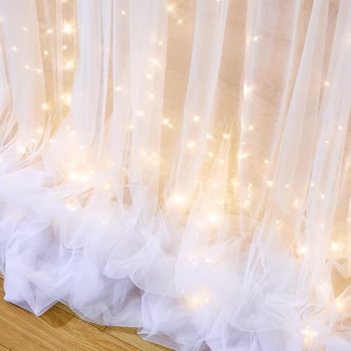 White Tulle Backdrop Curtain with Lights String for Parties Wedding Bridal Shower Sheer White Curtain Backdrop for Birthday Baby Shower Photo Booth Photography Background Decorations 10ft x 8ft - Image 5