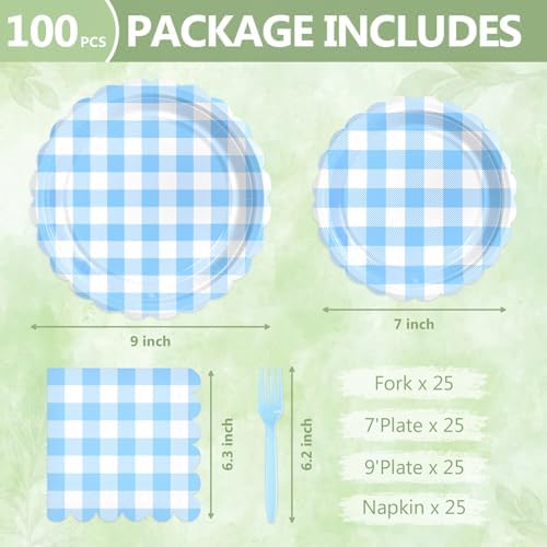 100 Light Blue Gingham Paper Plates and Napkins Disposable Set for Party - Image 2