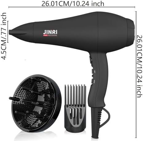 JINRI Ionic Hair Dryer with Diffuser & Comb and Concentrator, Lightweight Quiet Infrared Blow Dryer, Powerful 1875 Watt Motor for Smooth and Fast Drying Hair, Black - Image 3