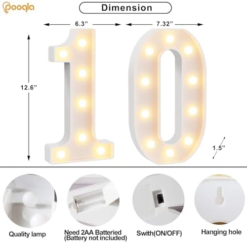 Pooqla 10th Birthday Decorations for Girls Boys, Large 12.6 in Tall Light Up Numbers for 10th Party Decorations Table Decor, Big Marquee Numbers 10th Birthday Gift for Girls Wedding Anniversary Decor - Image 4