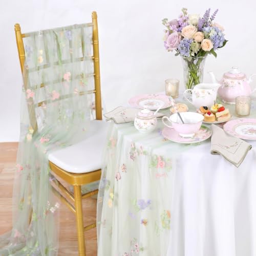 Floral Gauze Table Runner Green 10ft Embroidery Tulle Spring Wildflower - Image 4