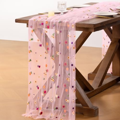 Flower Table Runner Fall Daisy Floral Tulle Cheesecloth Wedding Decor - Image 3