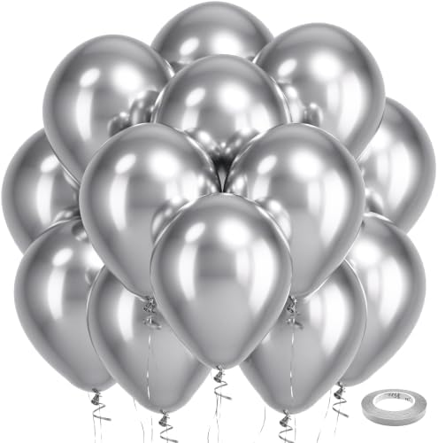 Bezente Silver Metallic Chrome Latex Round Helium Balloons 100 Pack 12 inch by Bezente