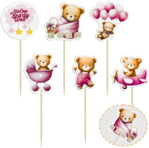Gyufise 36Pcs Bear Cupcake Toppers Bear Cupcake Picks Baby Carriage Bottle Balloon We can Bearly Wait Cake Decorations for Baby Shower Gender Reveal Kids Birthday Party Supplies Pink Coffee - Image 3