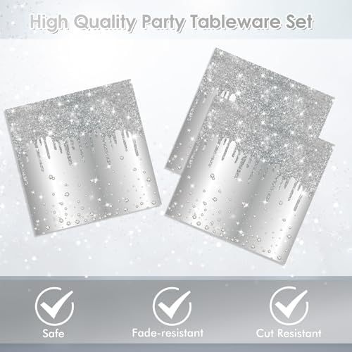 40PCS Silver Birthday Decorations Silver Glitter Happy Birthday Decoration Diamond Plates and Napkins Tablecloth for Men Women Birthday Party Supplies - Image 3