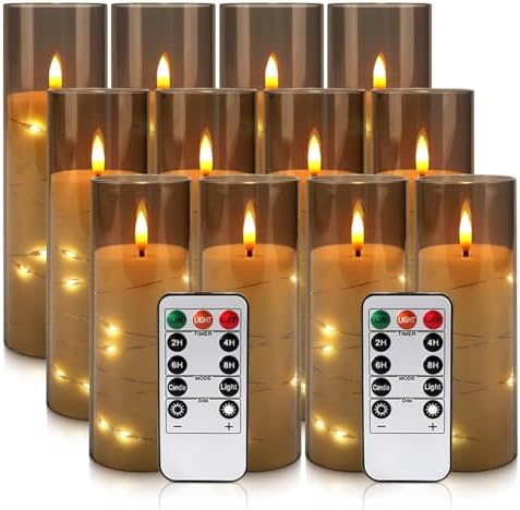 12-Pack Gray Acrylic Flameless LED Candles with Embedded String Lights - Remote Control for Holiday & Home Decor,Wedding. - Image 2