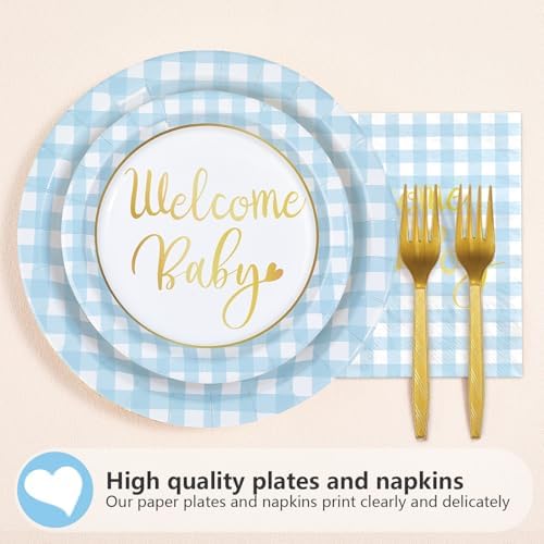 96 Pcs Blue Gingham Baby Shower Party Decorations, Serves 24 - Image 2