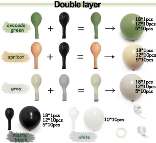 Black Sage Green Nude Balloon Garland Double Stuffed Olive Green Sand White Balloon Avocado Apricot Black Latex Arch Kit for Jungle Safari Wild One Birthday Baby Shower Halloween Decorations - Image 3