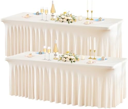 Wish Care 2 Pack Stretch Spandex Table Clothes for 8 Foot Rectangle Tables, 8FT Wrinkle Free Fitted Tablecloths Ruffles Design Table Cover for Party, Banquet, Wedding and Events by WishCare