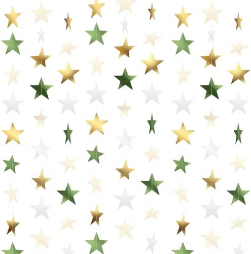Patelai Glitter Star Garland Banner 2026 Party Decor 130 Feet Star Hanging Banner Twinkle Backdrop for Graduation Birthday Classroom Wedding Supplies(Sage Green, Gold, White) by Patelai
