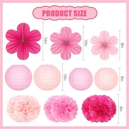 19 Pcs Pink Party Decorations, Light-Hot Pink Hanging Paper Lanterns, Paper Flowers Fans, Tissue Pom Poms, Floral Backdrop Wall Decor for Birthday Baby Showers Bridal Wedding Valentines Classroom - Image 2