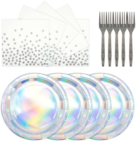 72Pcs Iridescent Silver Plates and Napkins Party Supplies, Holographic Disposable Paper Plates Napkins with Forks Tableware Set for Mermaid Birthday Wedding Iridescent Party Decorations by Unknown
