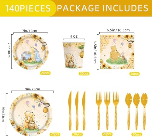 140pcs Classic Bear Baby Shower Decorations Baby Shower Party Tableware with Plates, Napkin, Forks, Cups for Birthday Party Supplies Set Serves 20 Guests (Yellow) - Image 2
